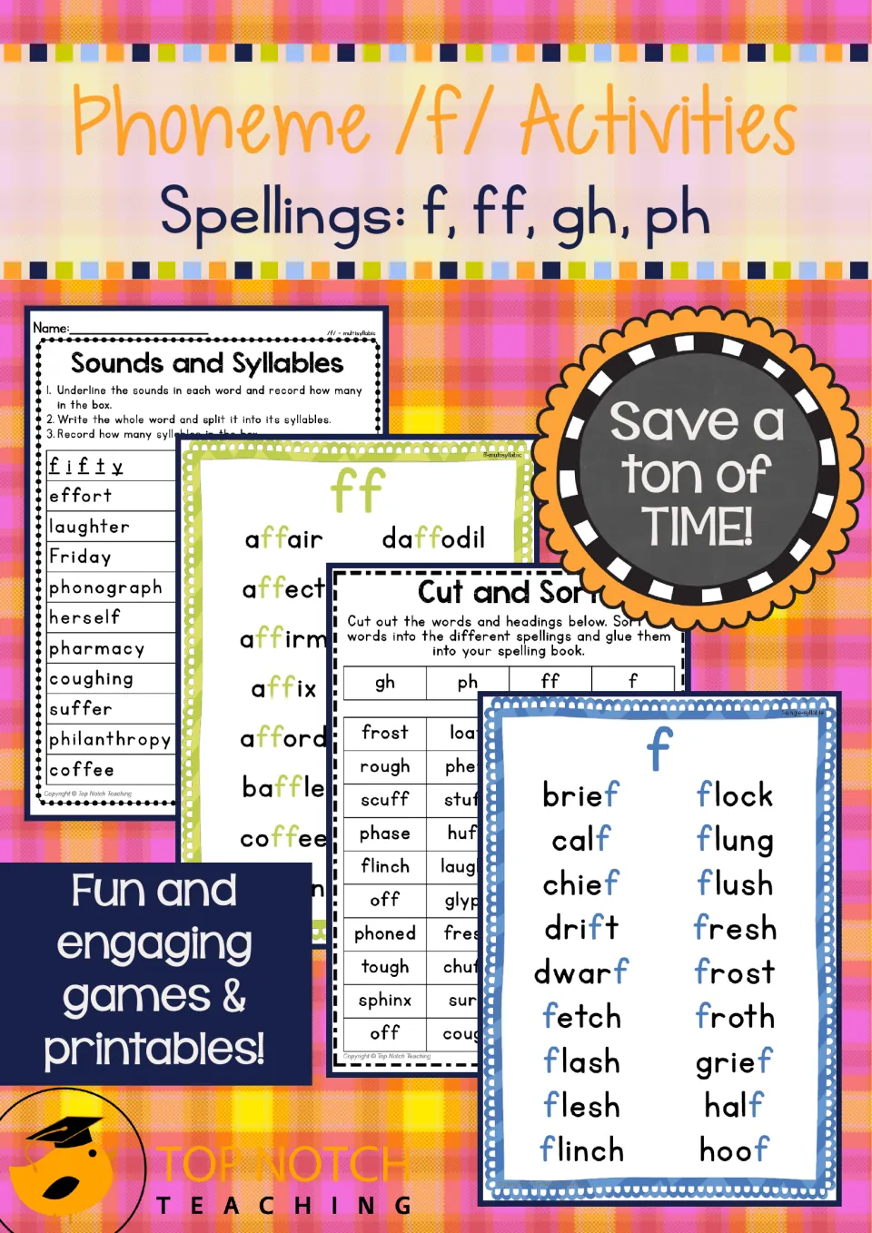 Cover of the /f/ phonics packet for spellings f, ff, gh, and ph, showing posters and sample activities