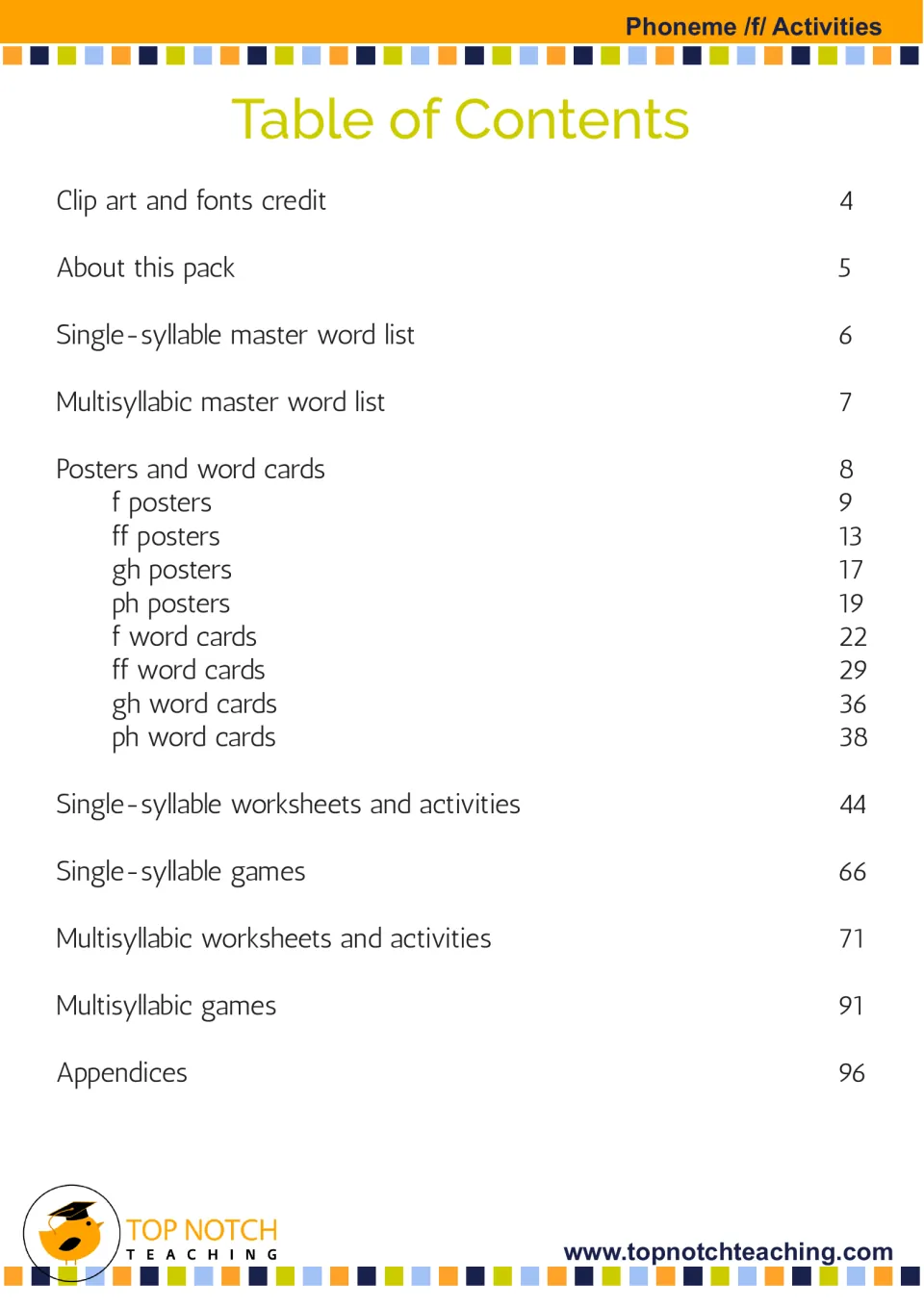 Table of contents for the /f/ packet lists word lists, posters, word cards, worksheets, games, and appendices
