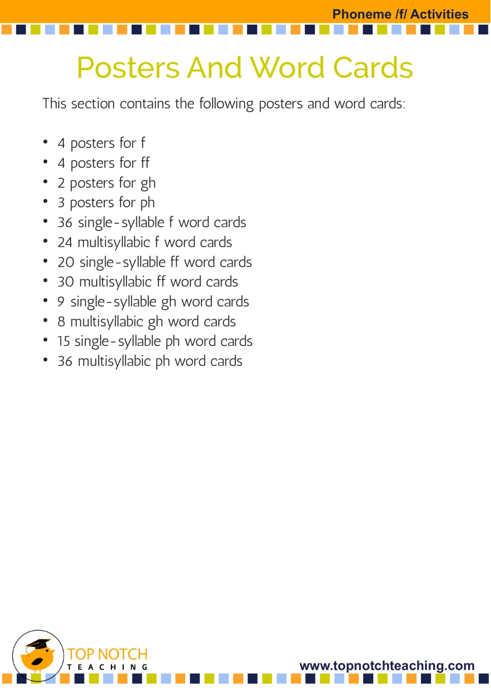 Posters and Word Cards inventory lists 13 posters and 178 cards for /f/ spellings f, ff, gh, and ph