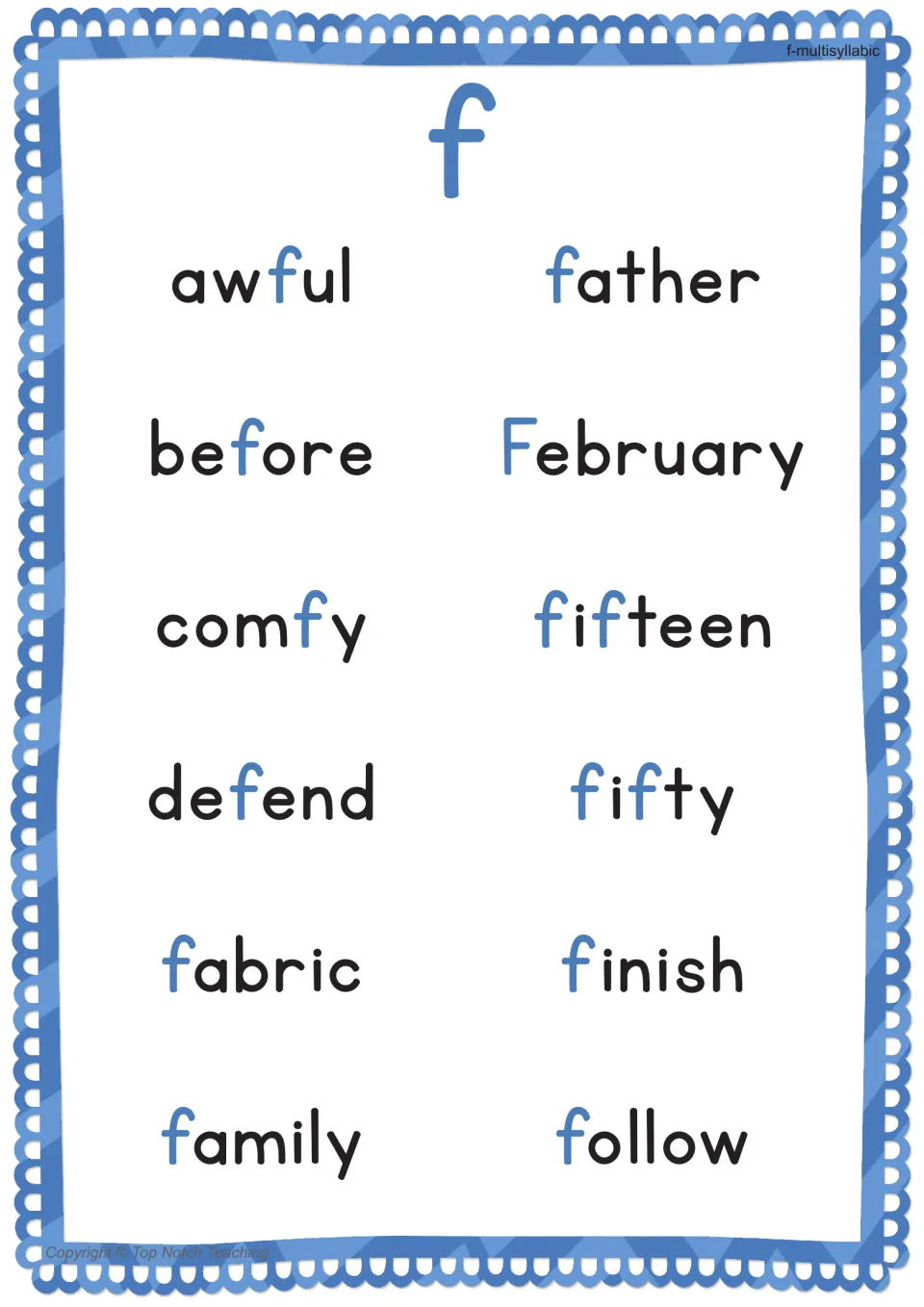 First multisyllabic f poster presents 12 words, including awful, before, comfy, and father, with f highlighted