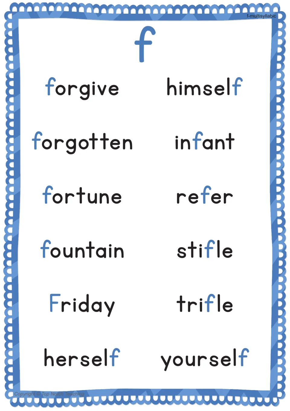 Second multisyllabic f poster presents 12 words, including forgive, forgotten, fortune, and himself