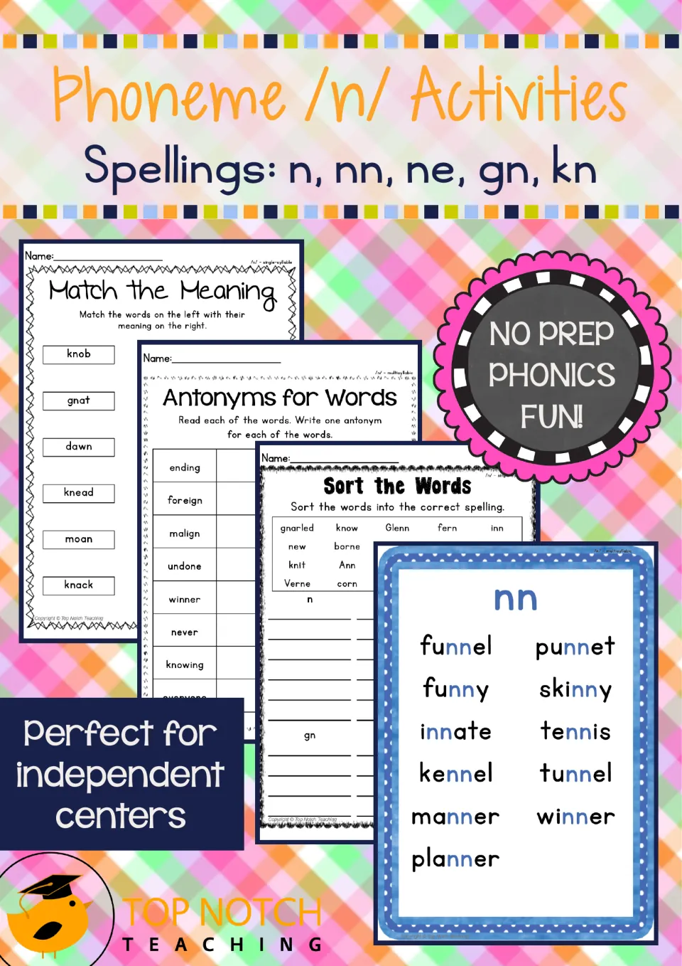 Cover of the /n/ phonics packet showing n, nn, ne, gn, and kn spellings and sample sorting and matching tasks