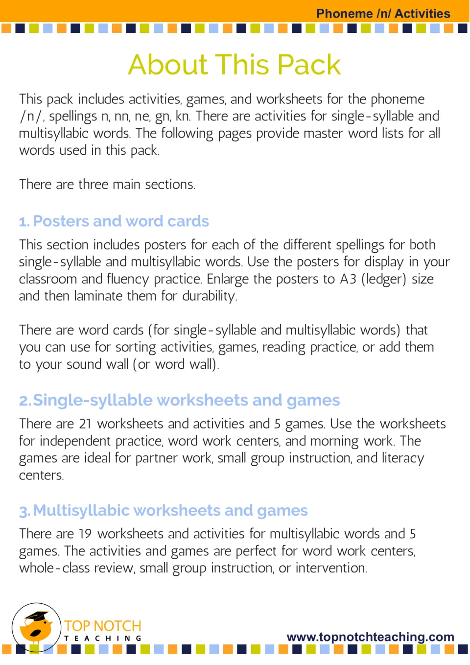 Packet overview explaining posters, word cards, and separate single-syllable and multisyllabic activities