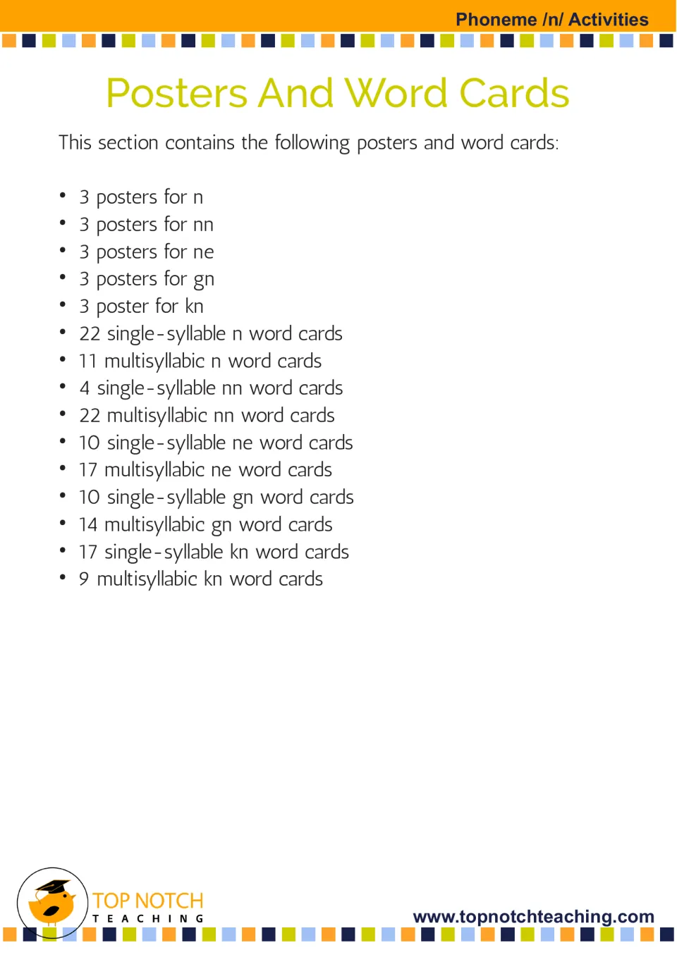 Poster and word card inventory listing three posters per /n/ spelling and card counts by syllable group