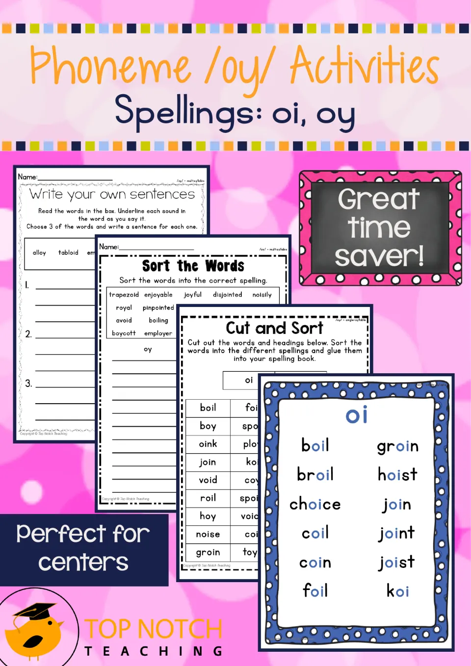 Phoneme /oy/ Activity Packet cover showing oi and oy sentence writing, word sorting, and a word poster