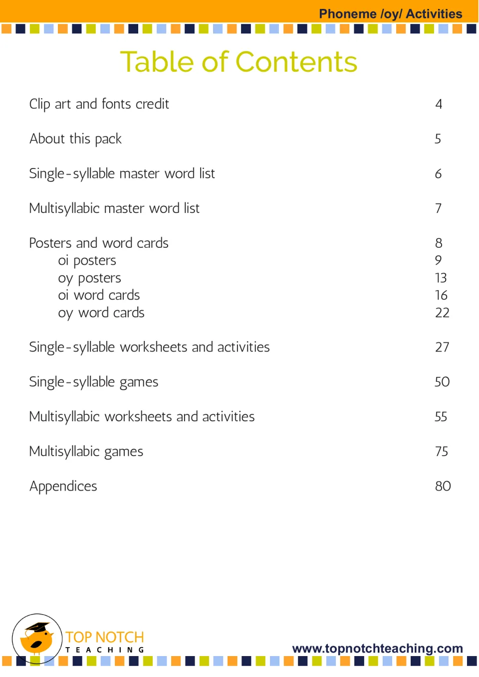 Contents for the /oy/ packet list word lists, posters, word cards, worksheets, games, and appendices