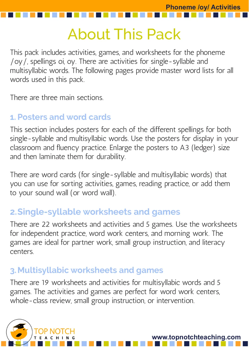 Overview of /oy/ materials: posters, word cards, 41 worksheets and activities, and 10 games for practice