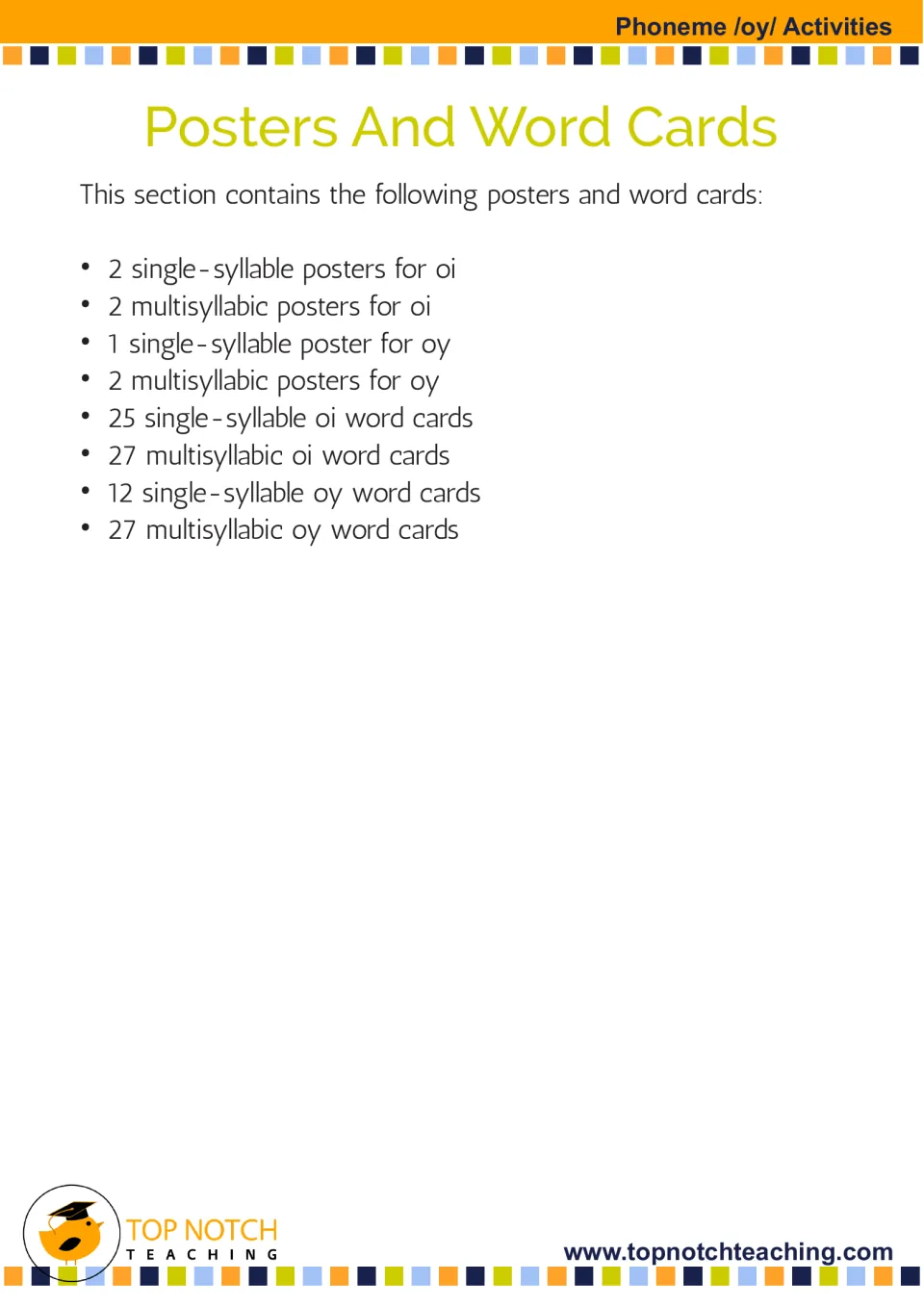 Poster and word card inventory lists seven posters and 91 cards for single-syllable and multisyllabic words