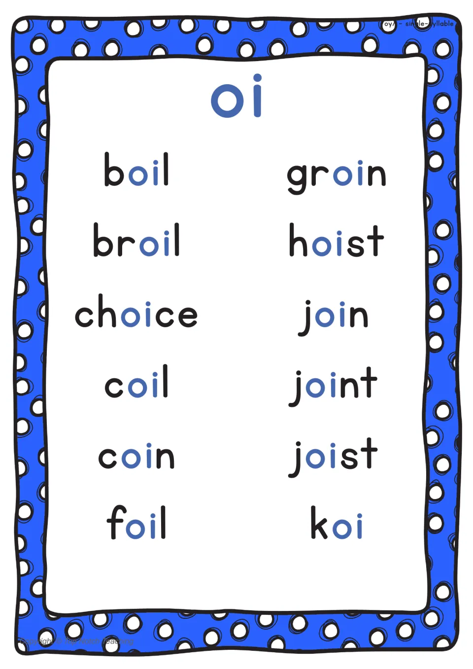 First single-syllable oi poster lists 12 words, including boil, broil, choice, and coil, with oi highlighted