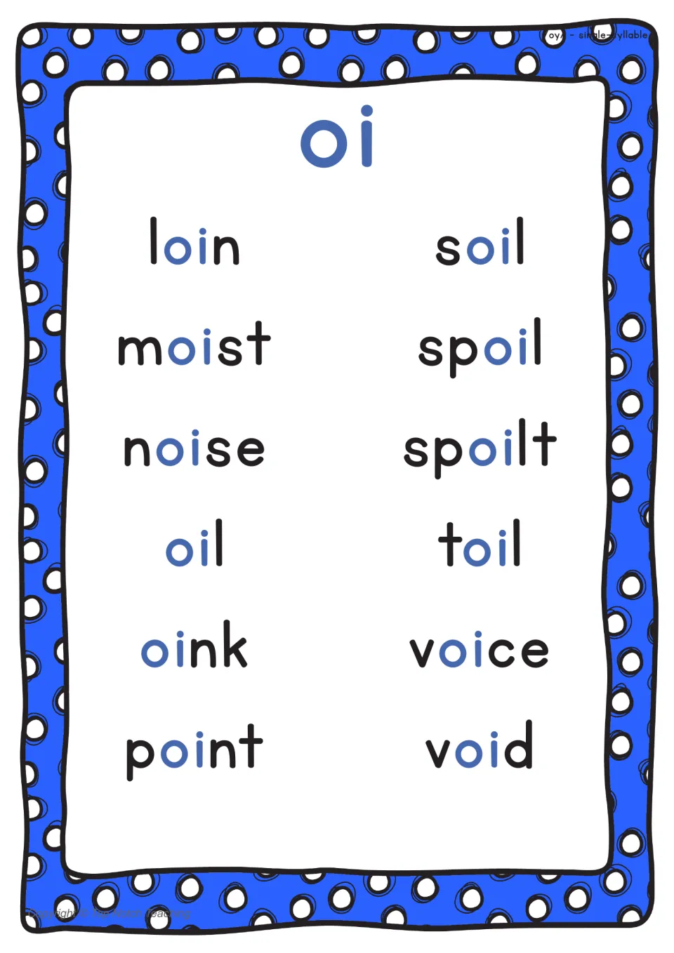 Second single-syllable oi poster lists 12 words, including loin, moist, noise, and oil, with oi highlighted