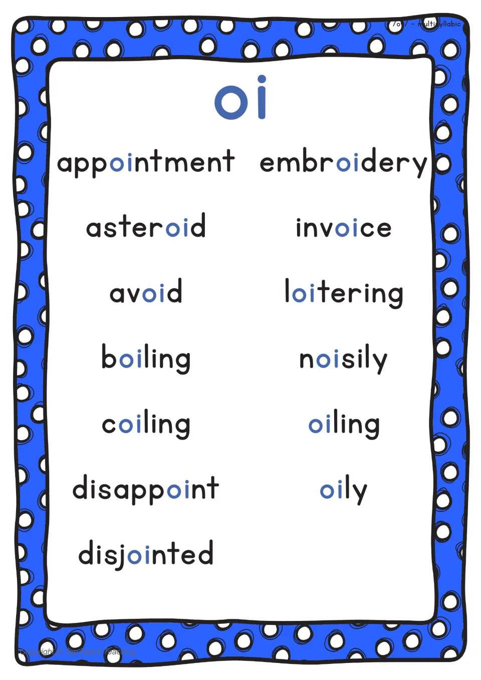First multisyllabic oi poster lists 13 words, including appointment, asteroid, and avoid, with oi highlighted