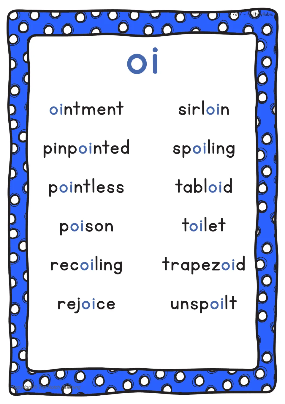 Second multisyllabic oi poster lists 12 words, including ointment, pinpointed, and pointless, highlighting oi