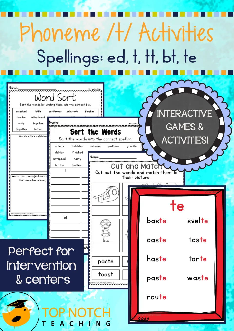 Cover of the /t/ phonics packet showing ed, t, tt, bt, and te spellings and samples of sorting and matching tasks