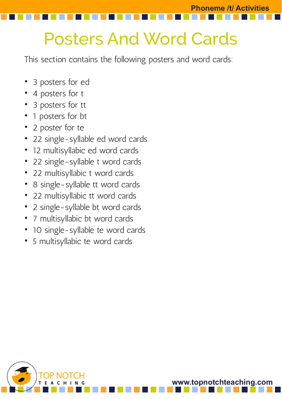 Poster and word card inventory lists 13 posters and card counts for each /t/ spelling, split by syllable type