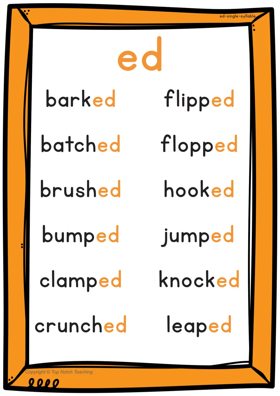 Single-syllable ed poster for /t/ practice lists barked, batched, brushed, bumped, clamped, and seven more words