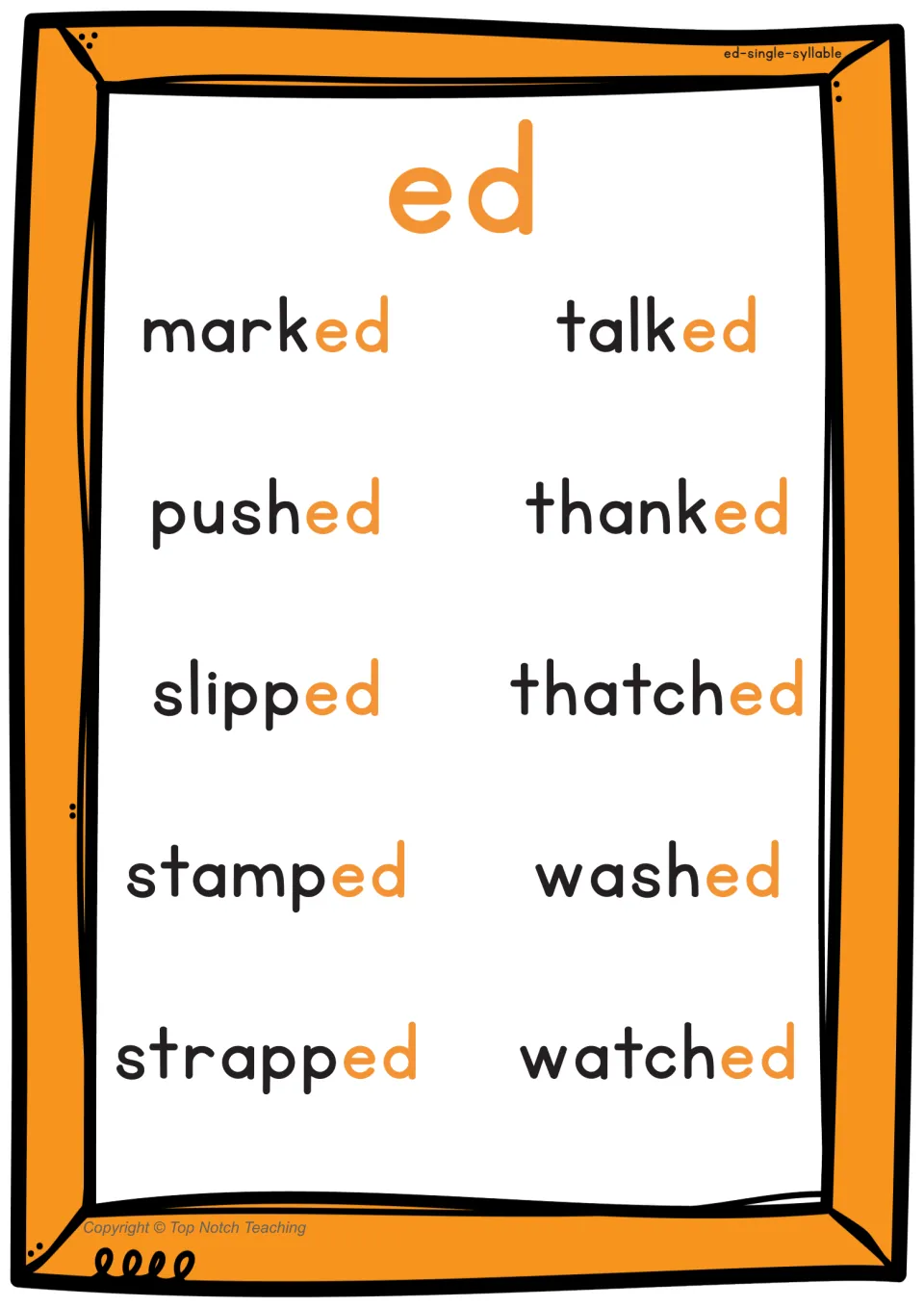 Single-syllable ed poster for /t/ practice lists marked, pushed, slipped, stamped, strapped, and five more words