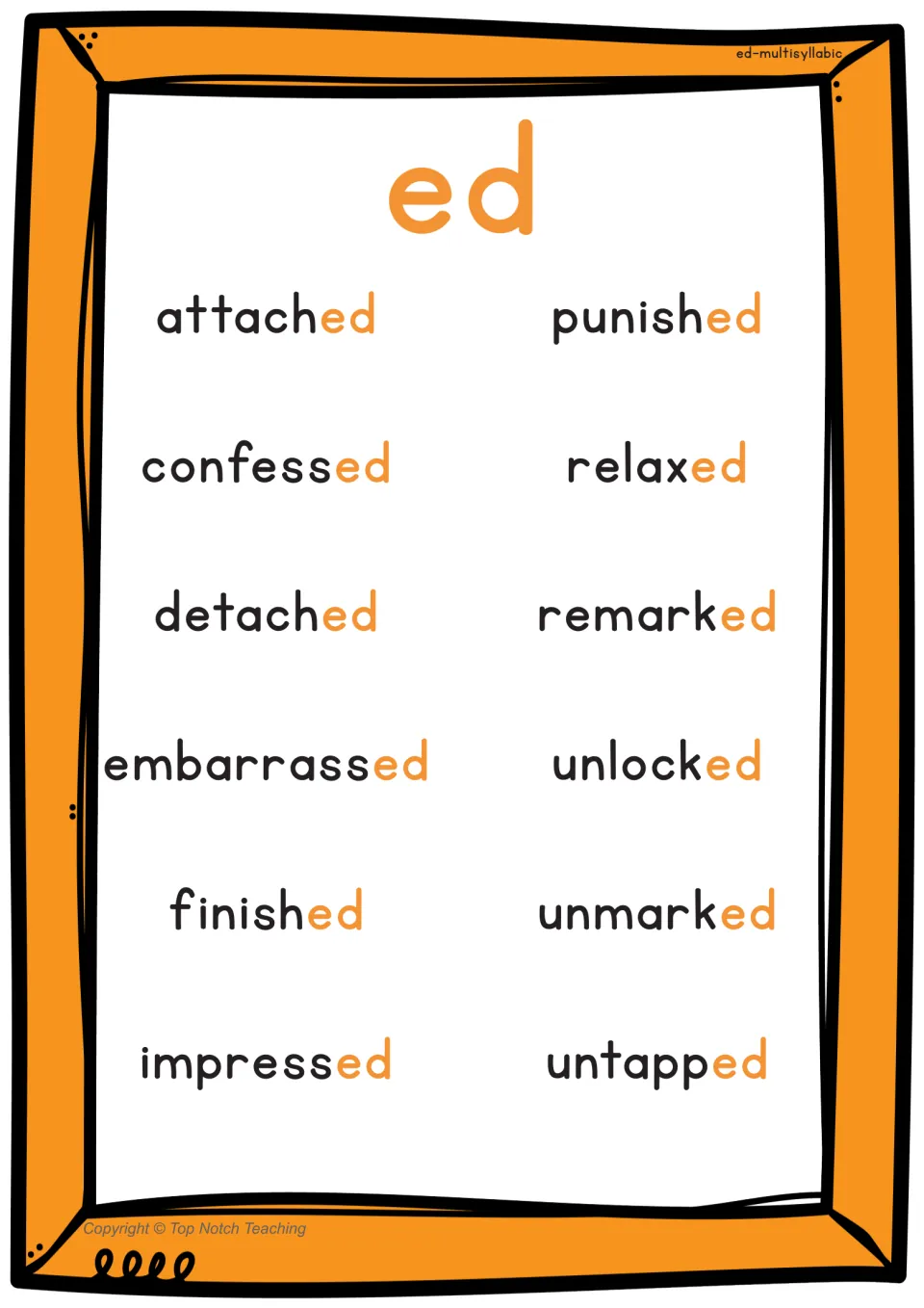 Multisyllabic ed poster for /t/ practice lists attached, confessed, detached, embarrassed, and eight more words