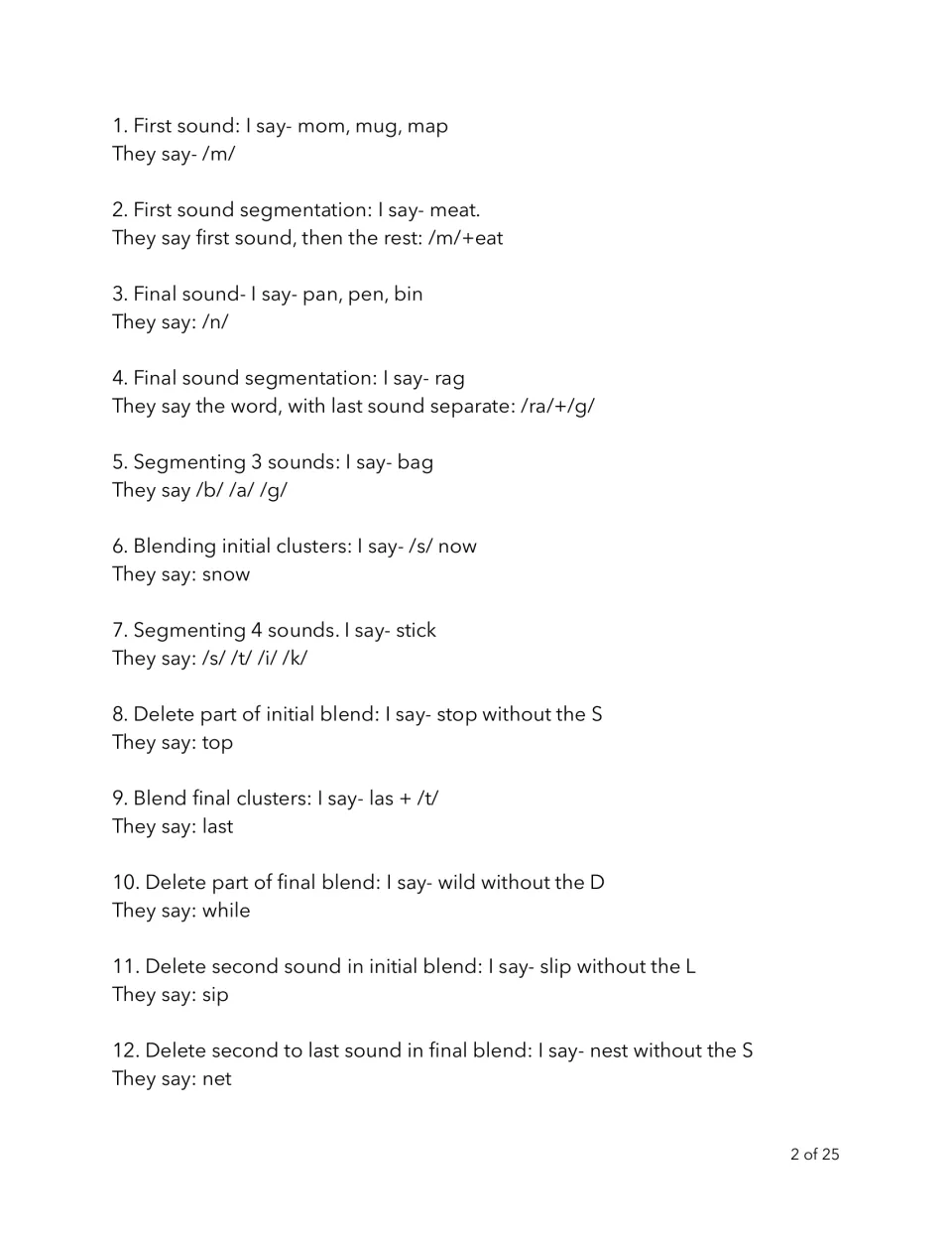 Phonemic awareness script 2: 12 prompts and responses, including segmenting bag and changing nest to net