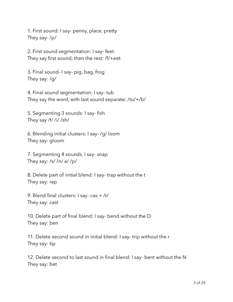 Phonemic awareness script 3: 12 prompts and responses, including segmenting fish and blending gloom