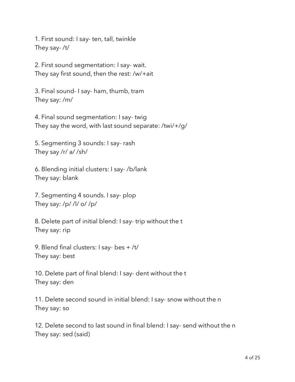 Phonemic awareness script 4: 12 prompts and responses, including segmenting rash and changing trip to rip