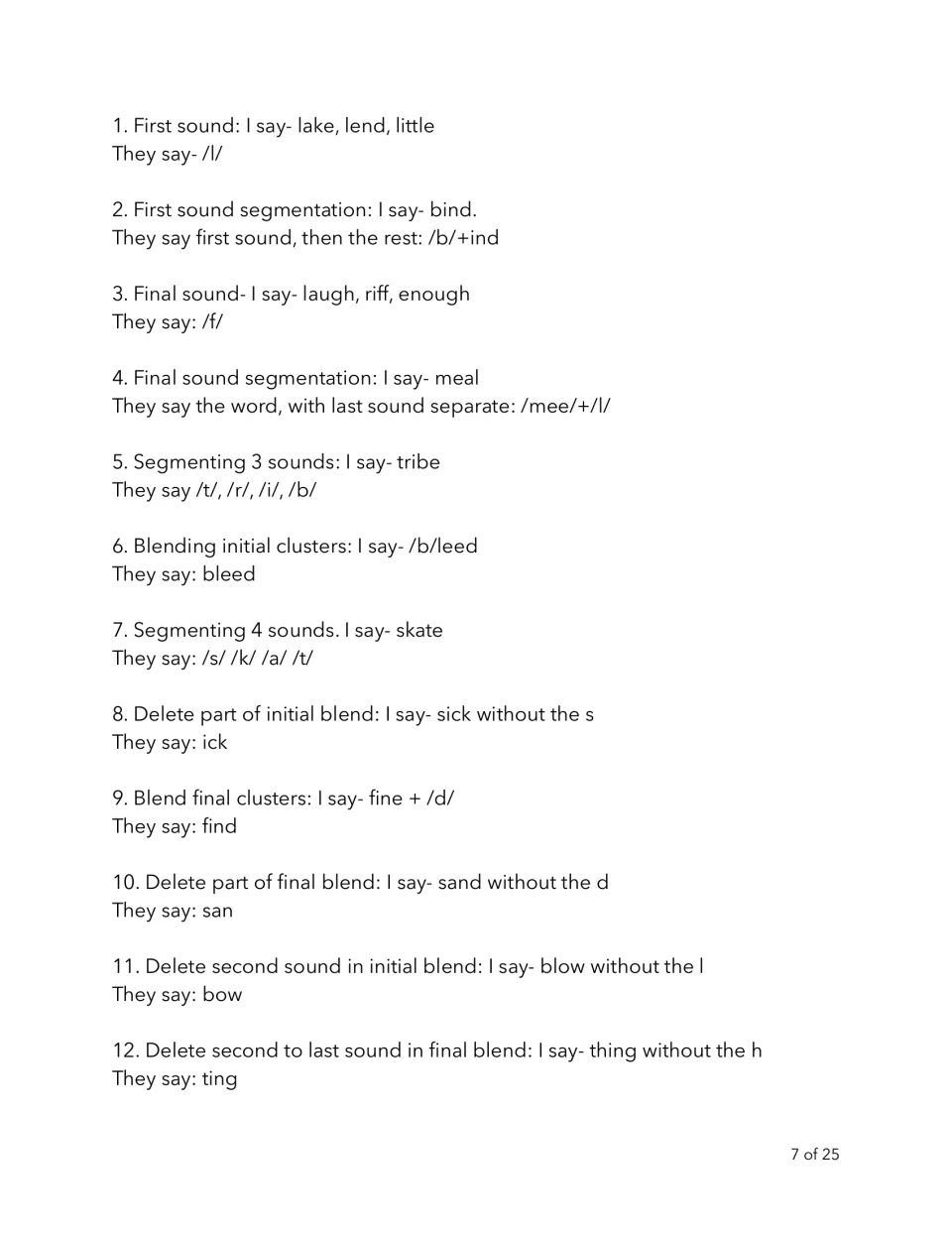 Phonemic awareness script 7: 12 prompts and responses, including segmenting skate and blending bleed