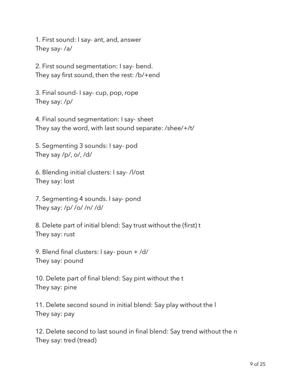 Phonemic awareness script 9: 12 prompts and responses, including segmenting pond and changing play to pay