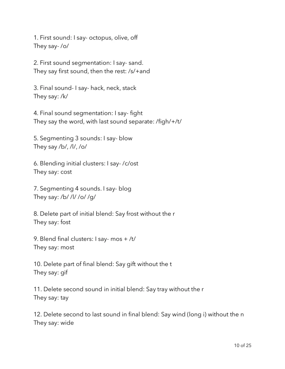 Phonemic awareness script 10: 12 prompts and responses, including segmenting blog and blending most