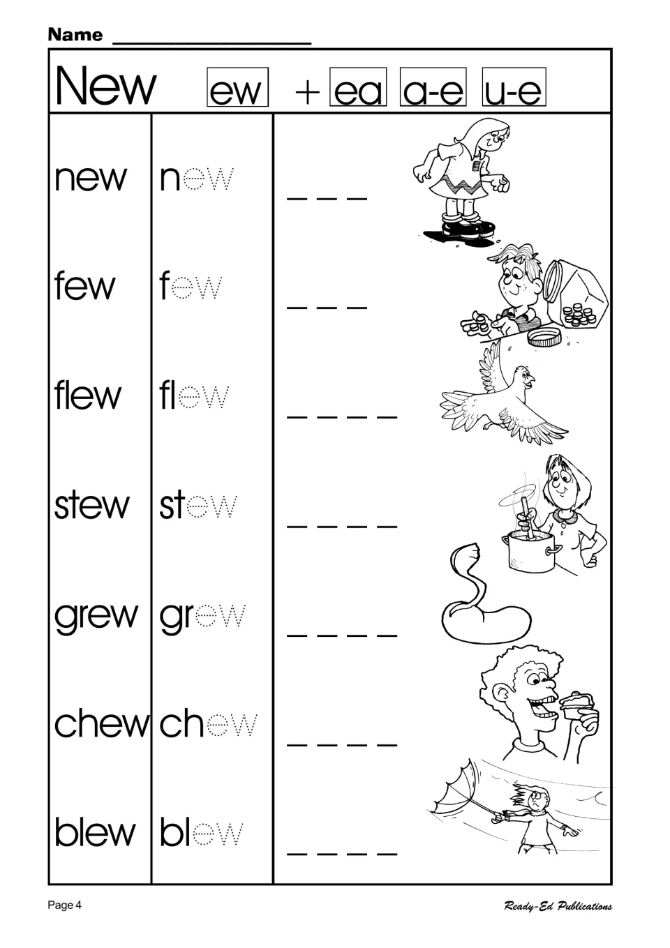 New ew blend: students read new, few, flew, stew, grew, chew and blew, trace the dotted ew, then copy each word