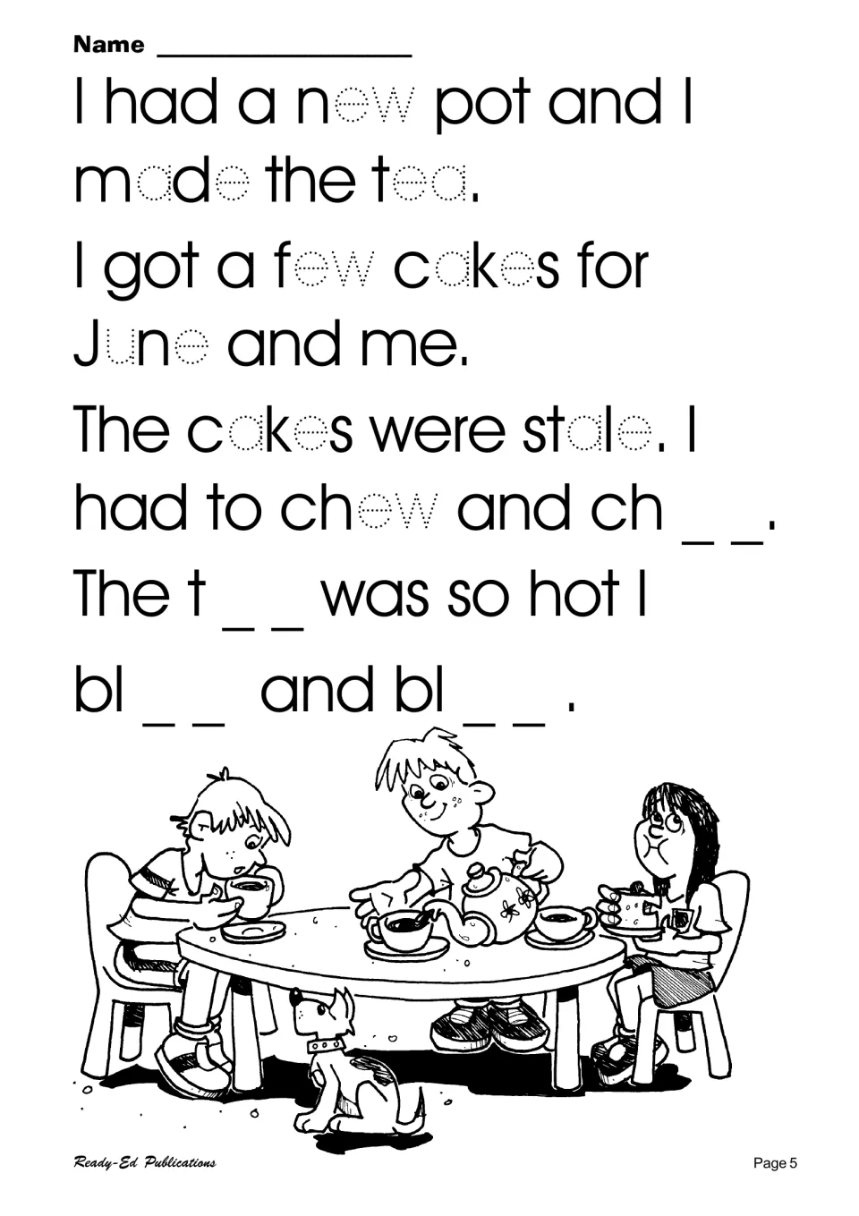 Tea party rhyme: students trace ew, ea, a-e and u-e in words like new, tea and cakes, then fill in chew, tea and blew