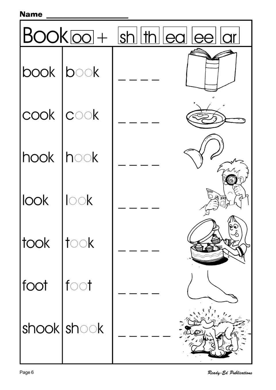 Short oo as in book: students read book, cook, hook, look, took, foot and shook, trace the dotted oo, then copy each word