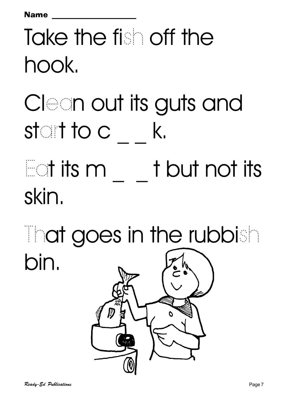 Fish-cleaning rhyme: students trace sh, ea, ar and th in the text, then complete cook and meat using the blend clues