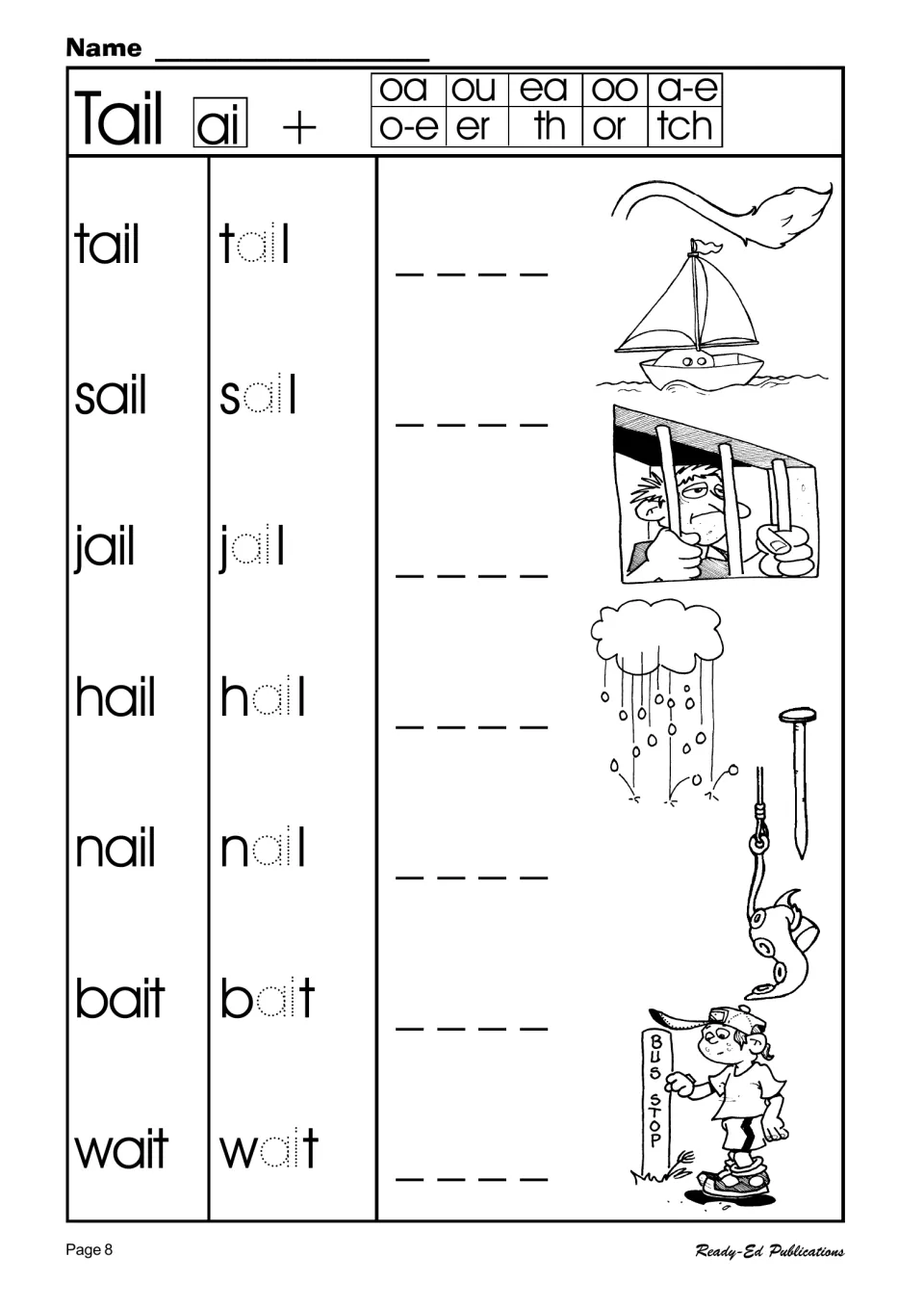 The ai blend: students read tail, sail, jail, hail, nail, bait and wait, trace the dotted ai, then copy each word