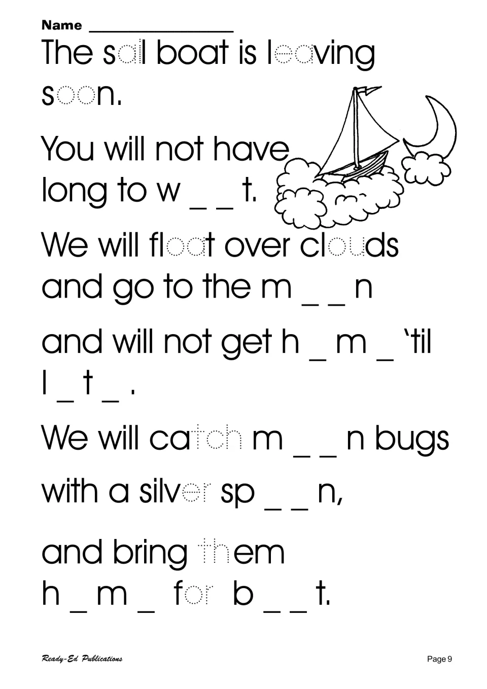 Moon trip rhyme: students trace ai, ea, oo and oa, then choose blends to complete wait, moon, home, late and bait