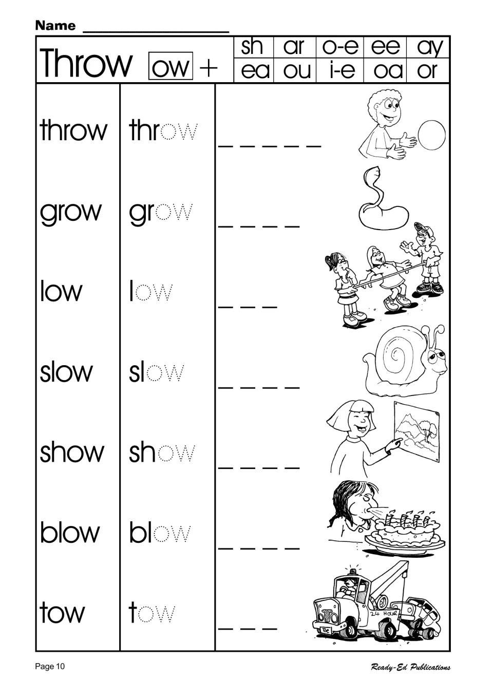 The ow blend as in throw: students read throw, grow, low, slow, show, blow and tow, trace the dotted ow, then copy each