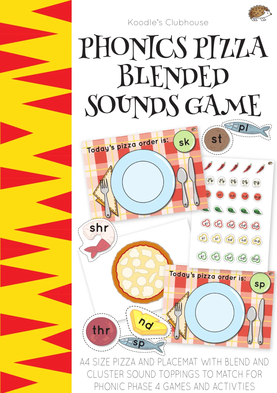 Phonics Pizza Blended Sounds Game cover: placemats, a pizza and topping cut-outs labeled sk, st, pl, shr, thr, nd and sp