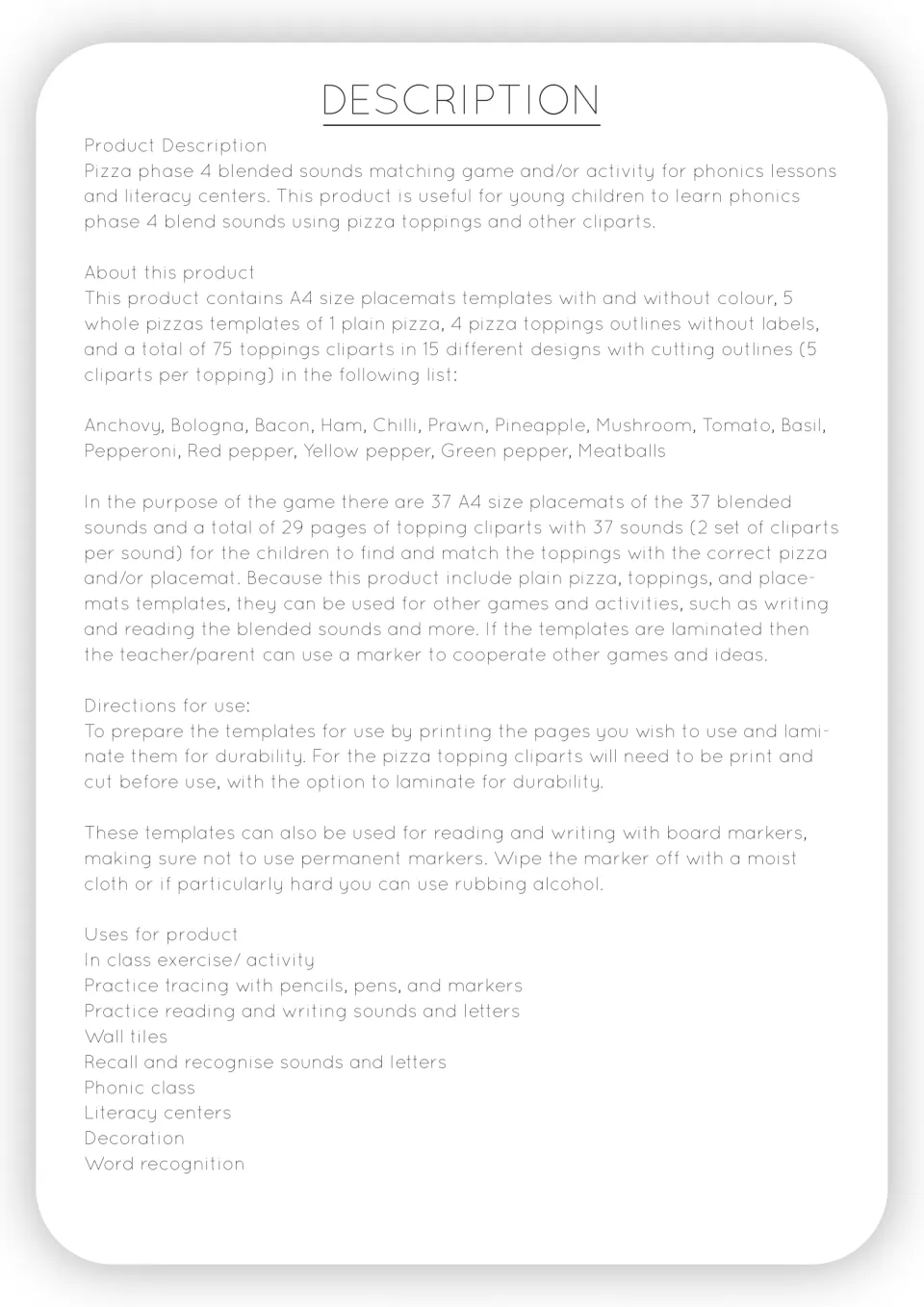 Description of the phase 4 blends game: 37 sound placemats, pizza templates, 15 topping designs, prep steps and uses