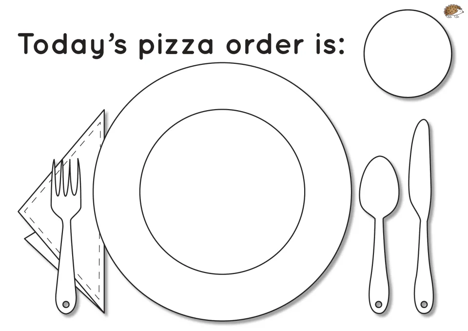 Black-and-white placemat headed 'Today's pizza order is:' with a plate, cutlery and a blank circle for a blend sound