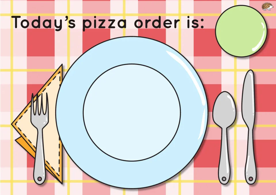 Colour placemat headed 'Today's pizza order is:' with a plate on a red check cloth and a blank green circle for the sound