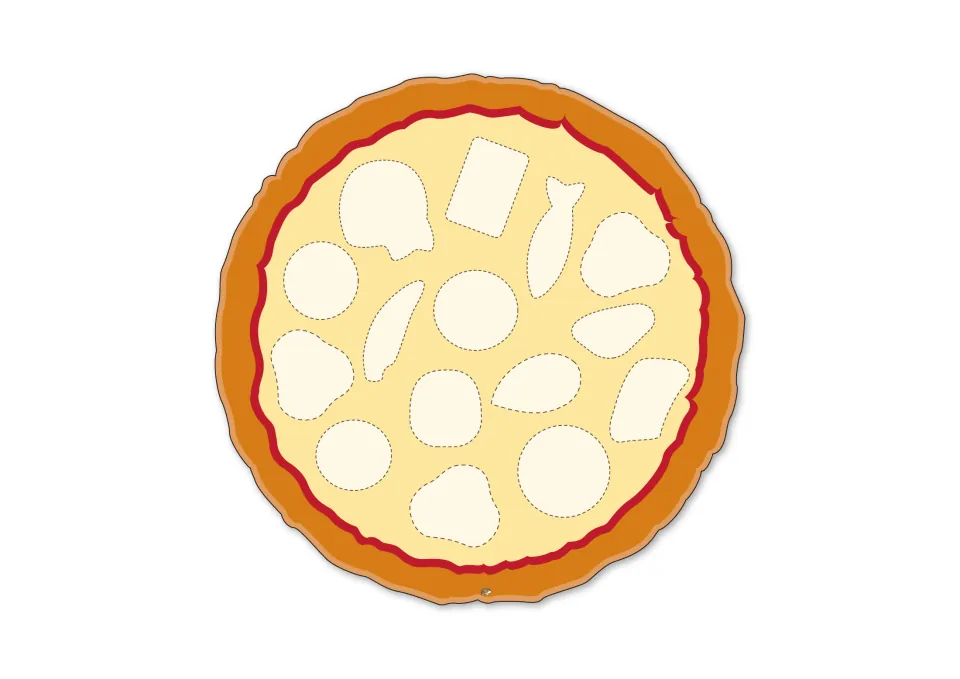 Pizza template with 15 unlabeled topping outlines, a small fish shape near the top, for matching topping cut-outs