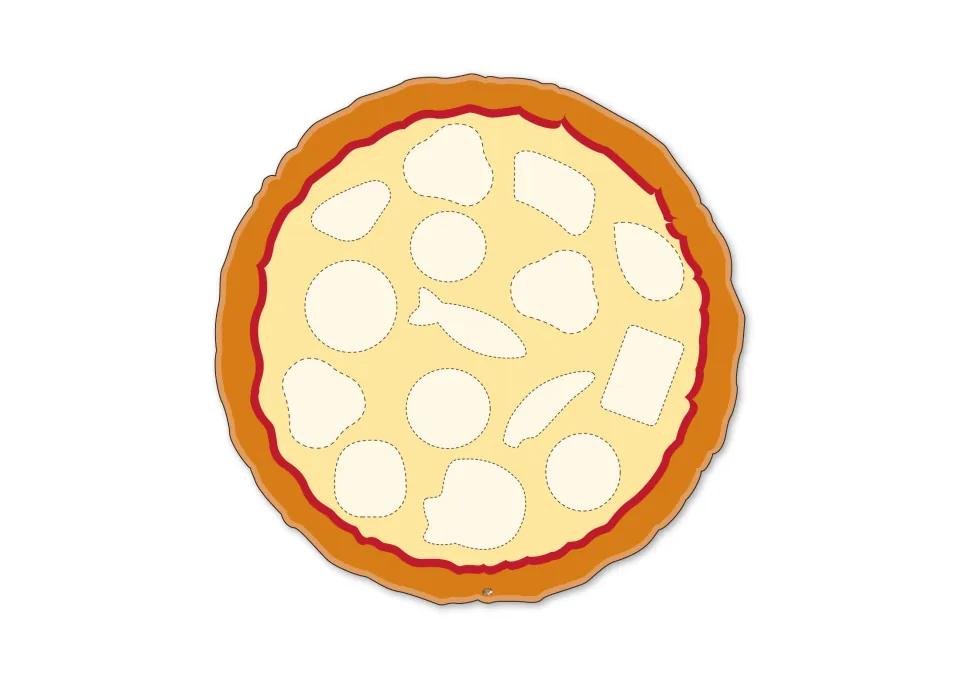 Pizza template with unlabeled topping outlines in a new layout, a fish shape lying across the centre, for placing toppings