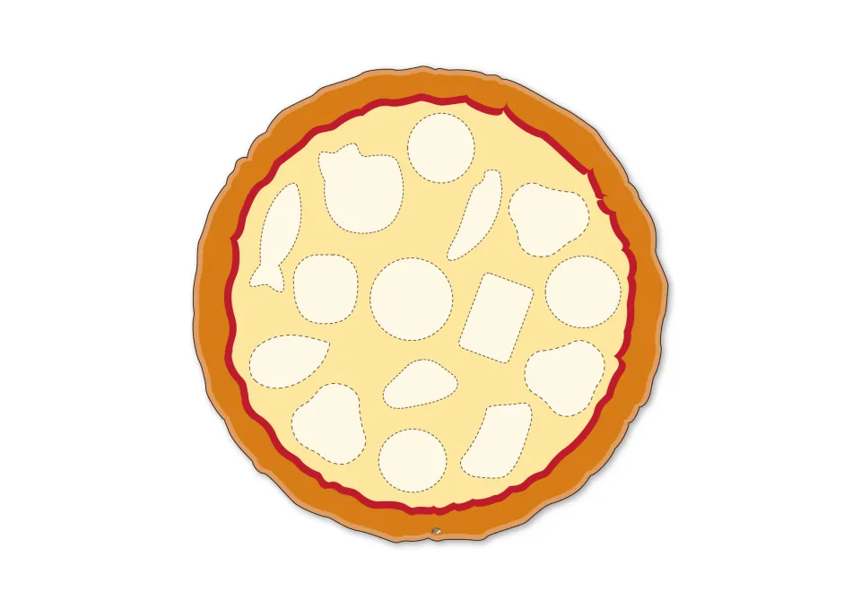 Pizza template of unlabeled topping outlines to cover, with a fish shape at the left edge and a rectangle in the middle