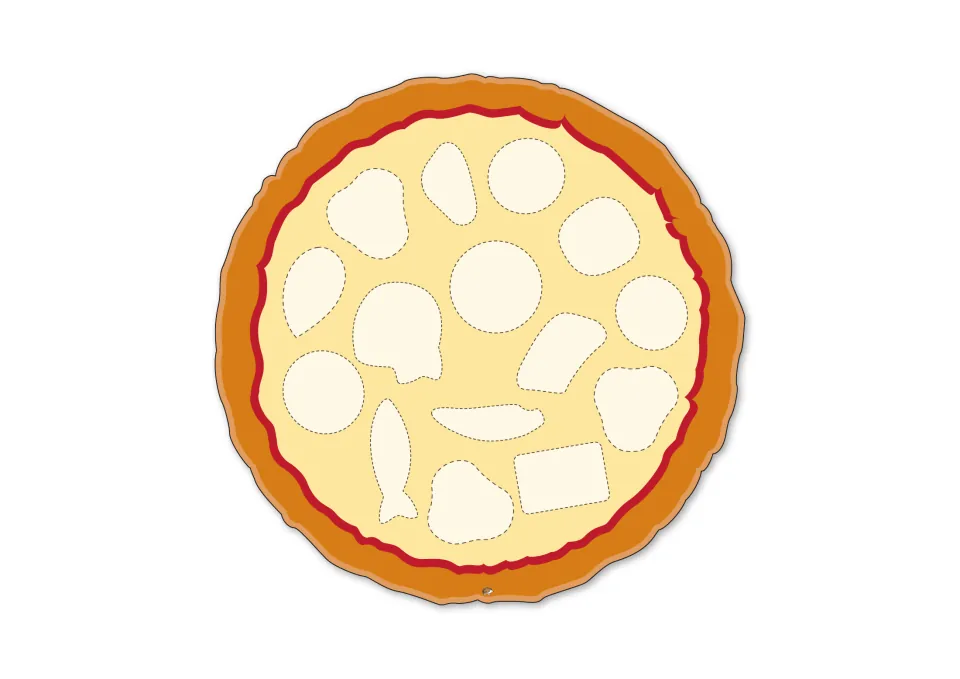 Pizza template with unlabeled topping outlines, an upright fish shape near the bottom left and a rectangle at lower right