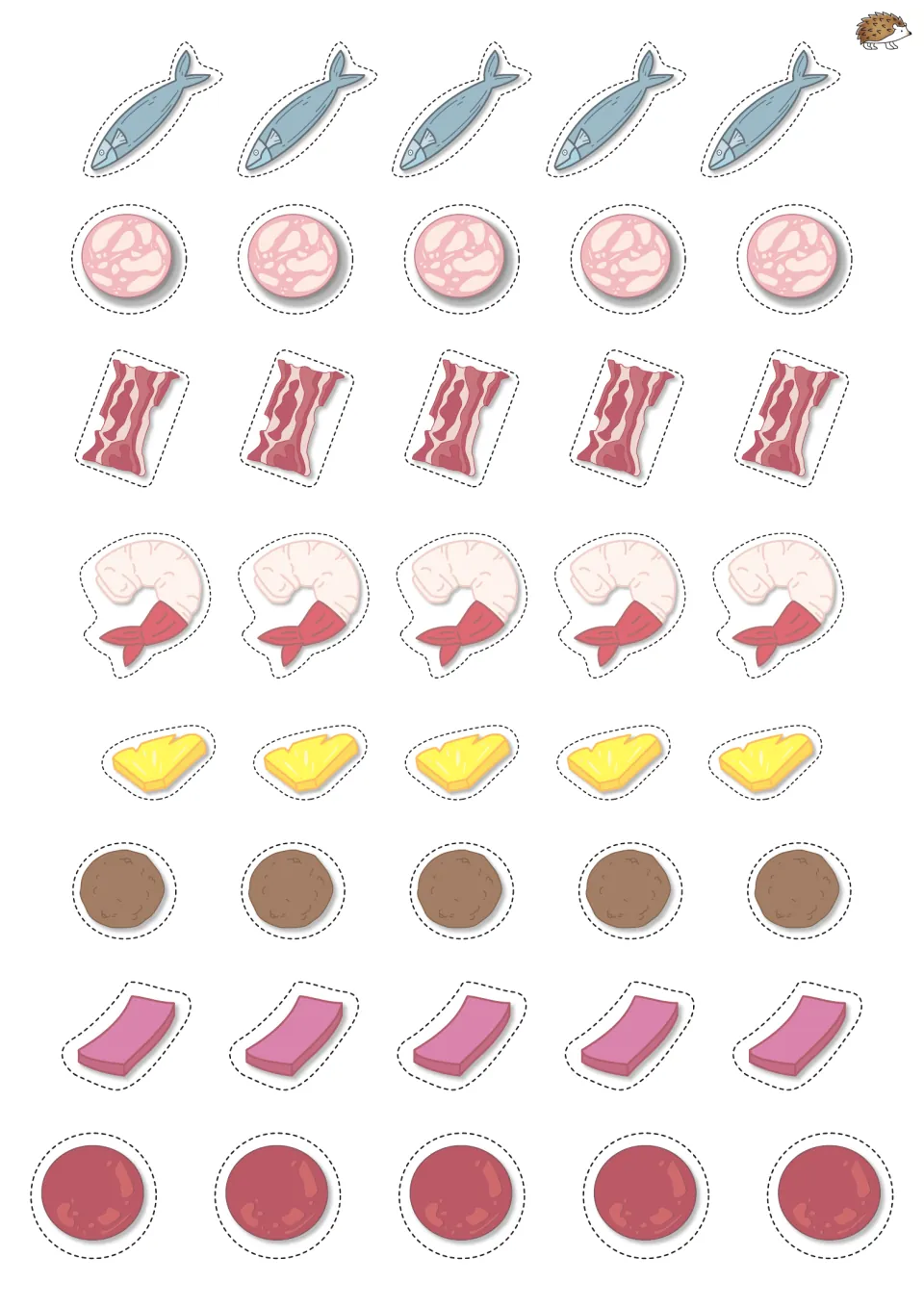 Unlabeled topping cut-outs, five each: anchovy, bologna, bacon, prawn, pineapple, meatball, ham and pepperoni