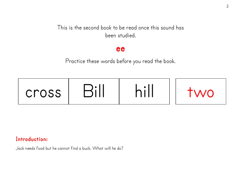 EE reader introduction: practice cross, Bill, hill, and two before reading about Jack's search for food.