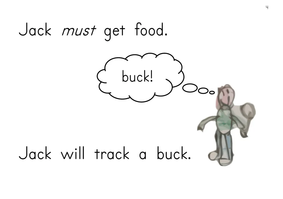 Story opening: 'Jack must get food' and 'Jack will track a buck,' with Jack thinking about finding a buck.