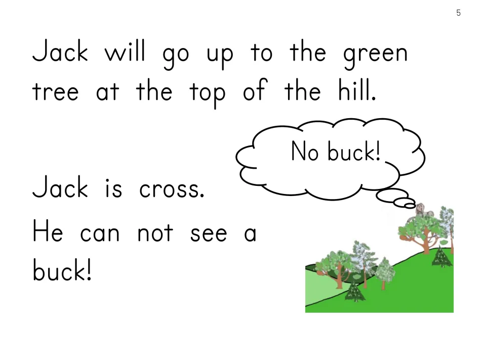 EE reader story page: Jack goes to the green tree at the top of the hill but is cross because he sees no buck.