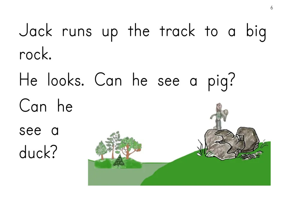 EE reader story page: Jack runs up the track to a big rock and looks for food, asking if he can see a pig or duck.