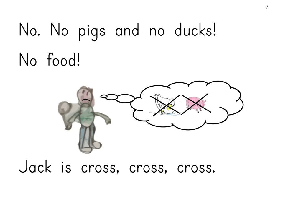 EE reader story page: 'No pigs and no ducks!' and 'No food!' lead to the repeated line 'Jack is cross, cross, cross.'
