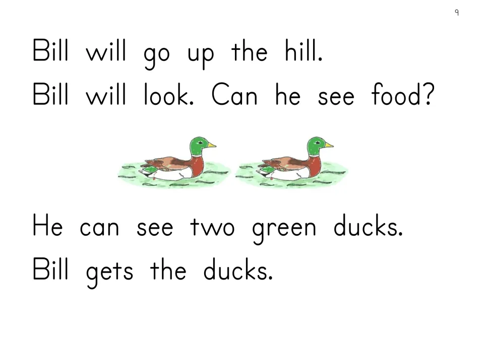EE reader story page: Bill goes up the hill, looks for food, sees two green ducks, and gets the ducks.