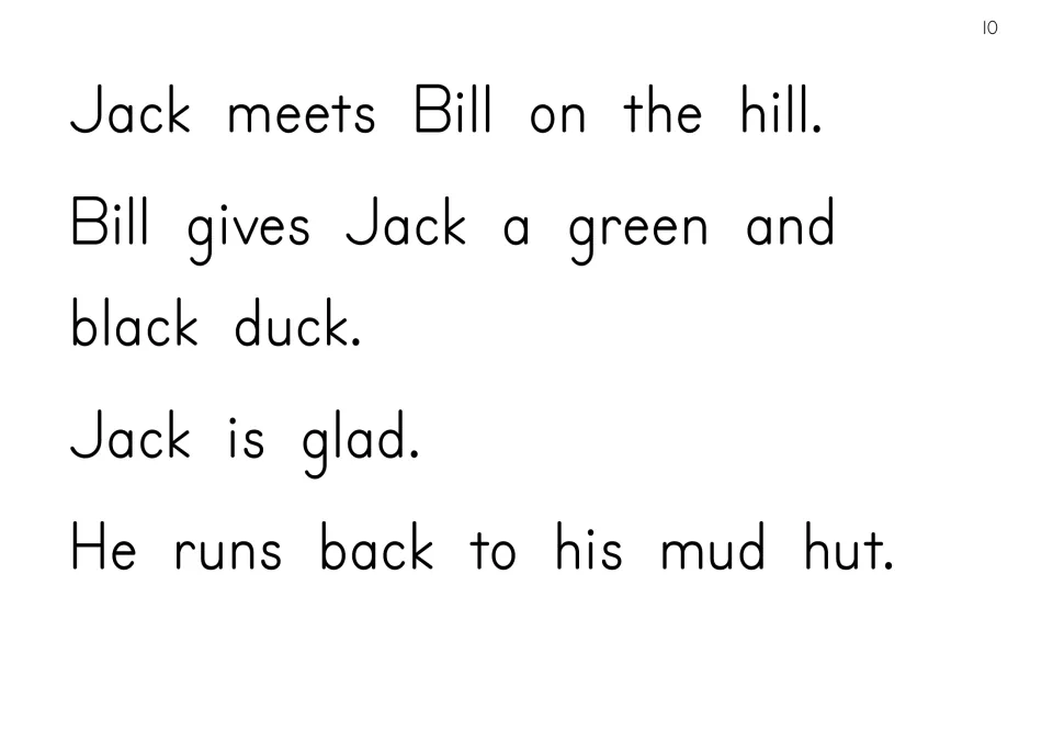 EE reader story page: Bill gives Jack a green and black duck on the hill, and happy Jack runs back to his mud hut.